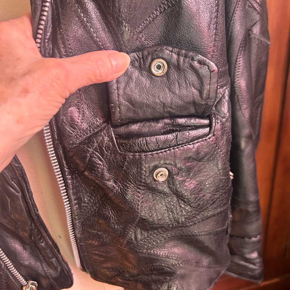 80s Black Leather Patchwork Motorcycle Jacket XL - image 5